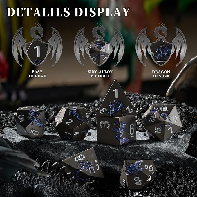 Metal Dice Set D&D, Glitter Blue Dragon Heavy Metallic DND Dice, Polyhedral - Image 4