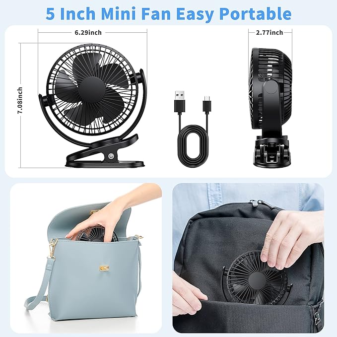 ATEngeus Rechargeable Clip-on USB Desk Fan, 3 Speeds, 5000mAh Battery, - Image 6