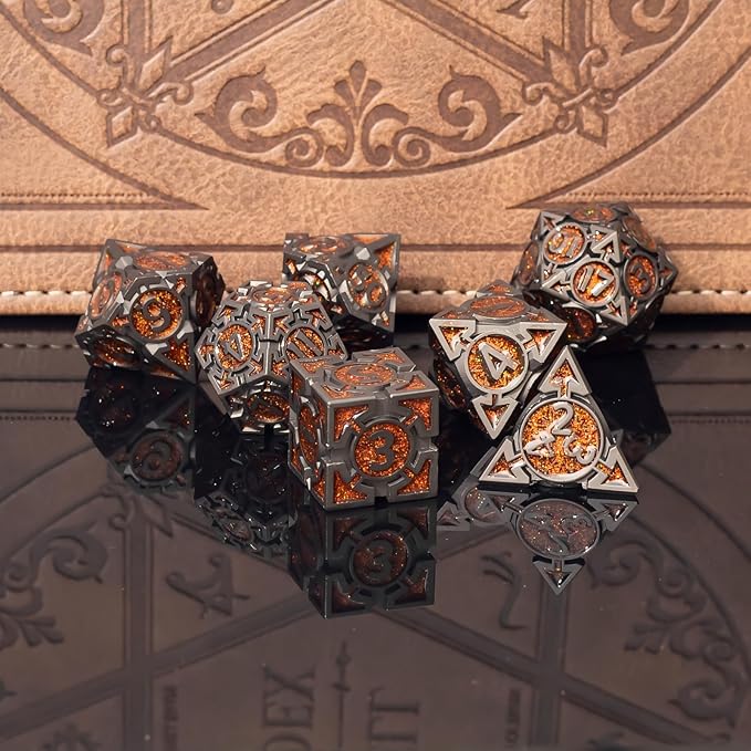 Orange Black Nickel Finish Heavy Metal DND Dice Set - Image 2