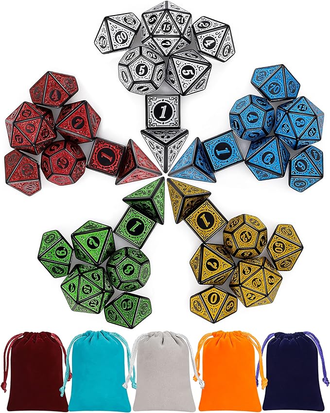 CiaraQ Polyhedral Dice with 5 Pouches, 5 Sets of Retro Dice by CiaraQ