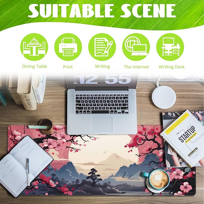 Pink Cherry Blossom Tree Desk Pad, Mountains and Sun Large Gaming Mouse Mat - Image 3