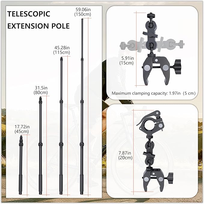 Motorcycle Camera Mount for Insta 360 x5, Adjustable GoPro Bike Extension Pole - Image 7