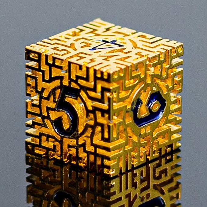 Golden Metal Hollow DND Dice Set Metallic Luster Maze Design - Image 3
