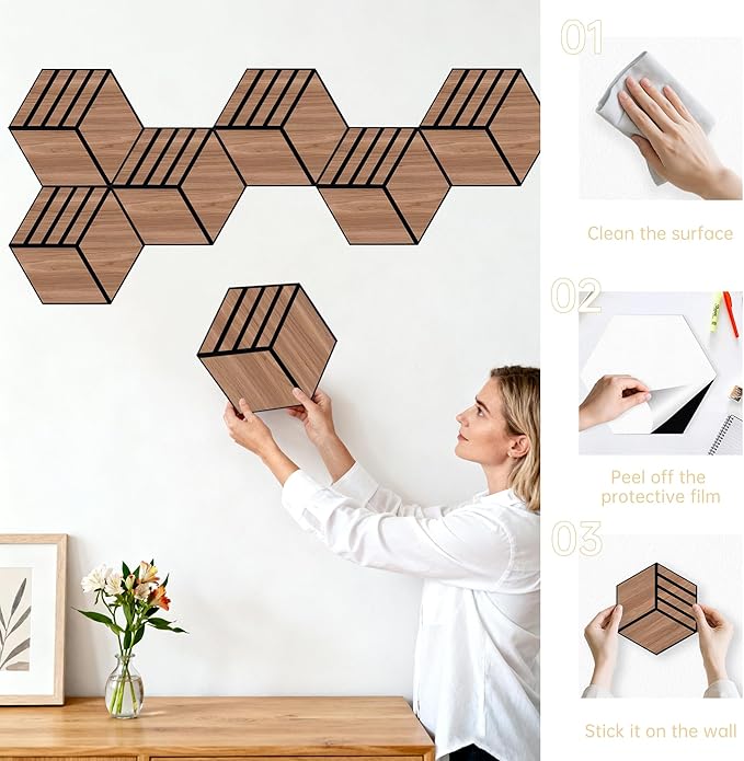 Mollywell Hexagon Acoustic Panels, Walnut S4, 12 Pack |Wood Veneer|High Density - Image 6