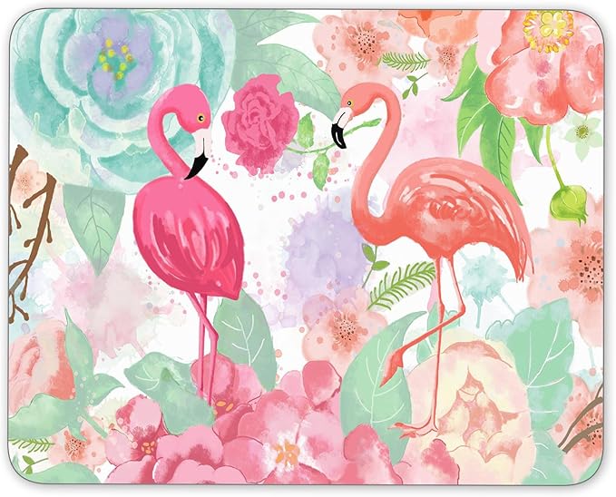 Non-Slip Rubber Mouse Pad， Bright Colors Watercolor Flamingo and Flowers Mouse by Qien+BaiSei