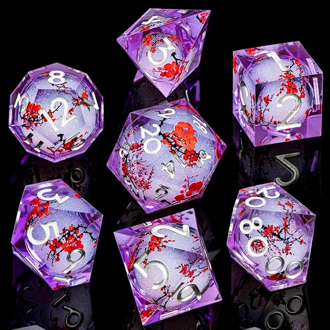 ARUOHHA DND Resin Dice Plum Blossom Liquid Core Silver Purple Sharp Edged - Image 2
