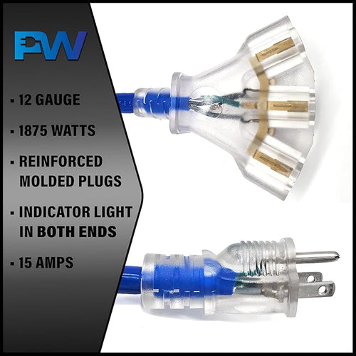 10 ft - 12 Gauge Heavy Duty Extension Cord - Lighted on Both Ends - SJTW Blue - - Image 2