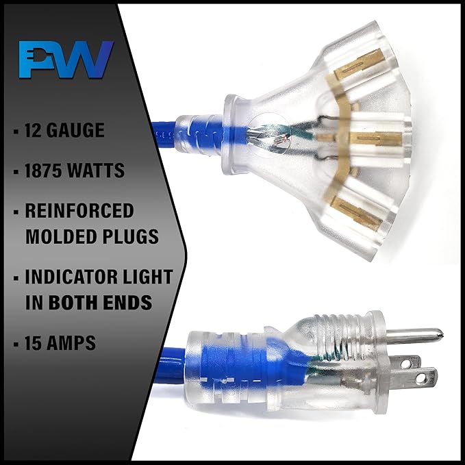 6 ft - 12 Gauge Heavy Duty Extension Cord - Lighted on Both Ends - SJTW Blue - - Image 2