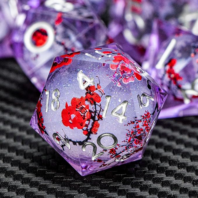 ARUOHHA DND Resin Dice Plum Blossom Liquid Core Silver Purple Sharp Edged - Image 3