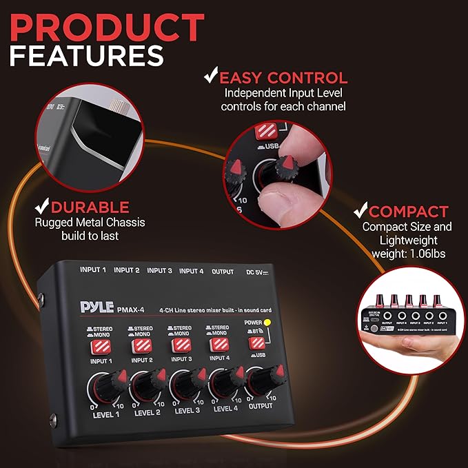 Pyle 4-Channel Wireless Bluetooth 5.0 Line Mixer - Image 7