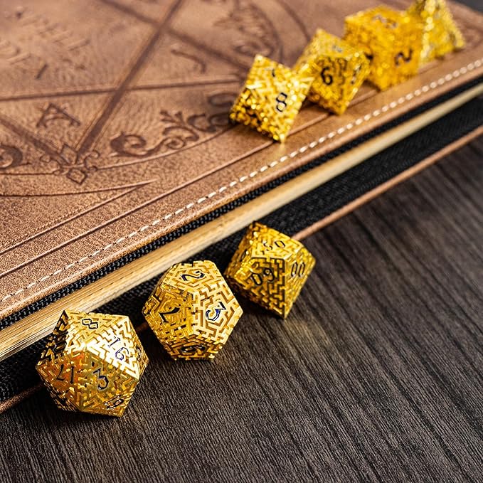 Golden Metal Hollow DND Dice Set Metallic Luster Maze Design - Image 7
