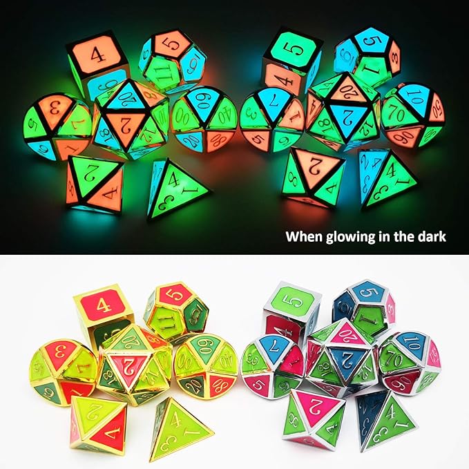 Haxtec Glow in The Dark Glowing Blue Red Green Silver Metal Dice Set D&D 7PCS - Image 6