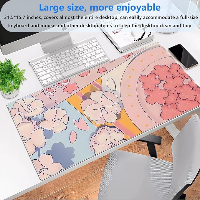 Pink Floral Mouse Pad XXL Cute Anime Gaming Desk Mat 31.5"x15.7", Thickened - Image 2