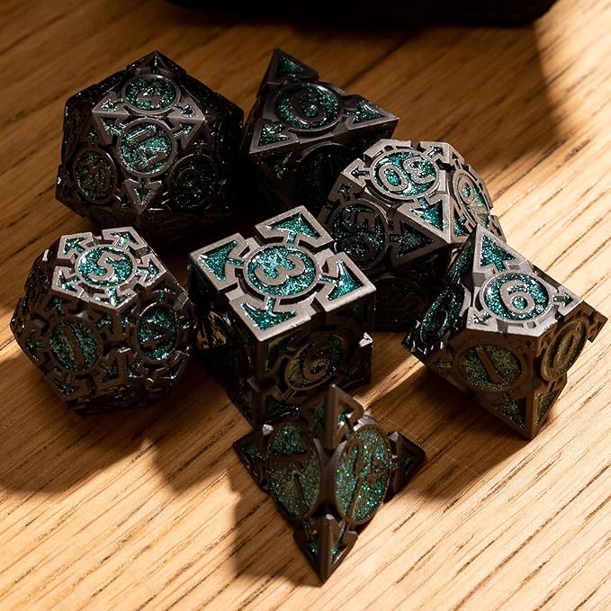 Green Black Nickel Finish Heavy Metal DND Dice Set - Image 9