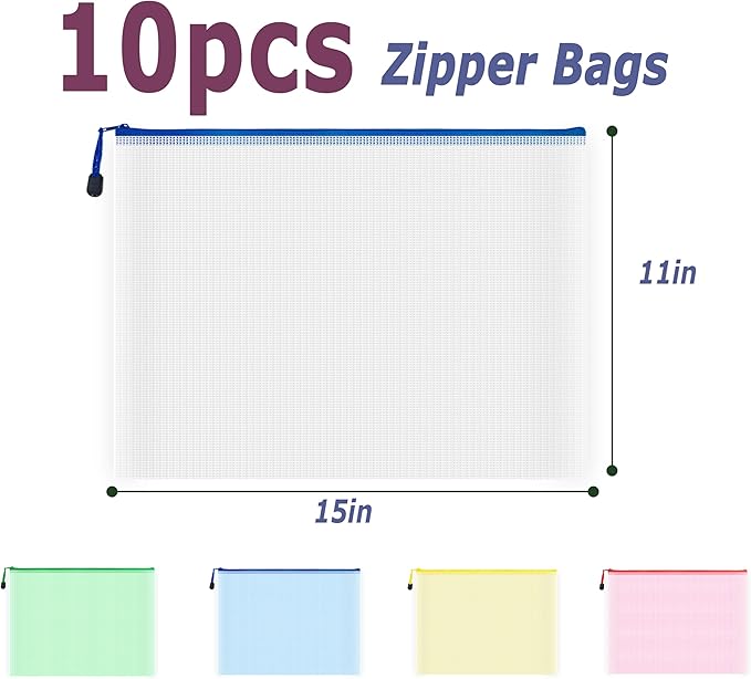 AUSTARK 10 Pcs Zipper File Bags, Waterproof Plastic Mesh Pouch - Image 2