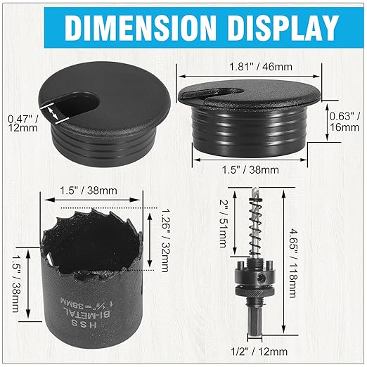 1-1/2" Black Desk Grommet with Bi-Metal Hole Saw, JTemgle Plastic Cable Hole - Image 4