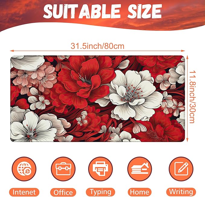Desk Pad, Retro Red Floral Large Gaming Mouse Pad, 31.5"x15.7" Extended Big - Image 2