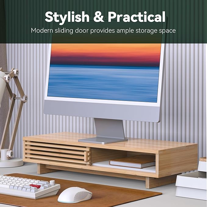 Monitor Stand Riser with Sliding Door, Computer Laptop Stand Desk Shelf - Image 3
