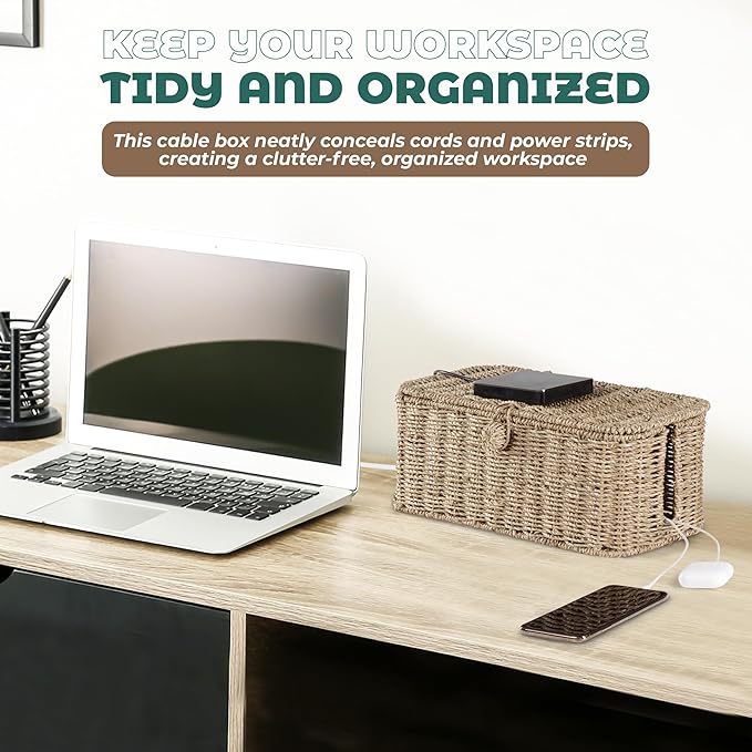 BLUEWEST Large Cable Management Box, Natural Rattan Cable Cord Organizer Boxes - Image 7