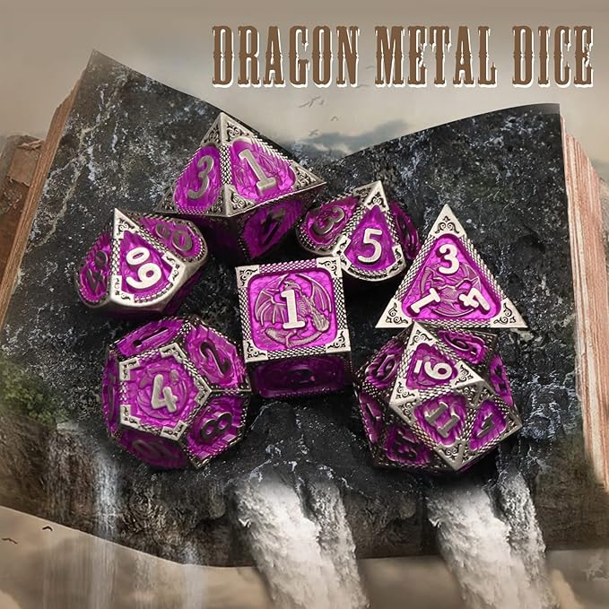 PJOY Metal DND Dice Set with Dice Case Antique Silver Purple Dragon D&D - Image 3