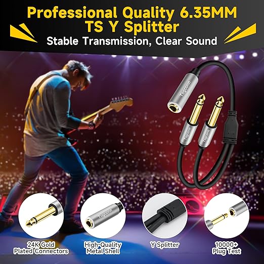 1/4 inch TS Mono Splitter Y Adapter, 6.35mm Mono Female to Dual 6.35 mm TS Mono - Image 2