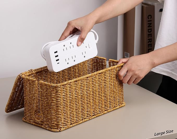 Large Cable Management Box, Handwoven Imitation Rattan Cord Organizer Cord - Image 3