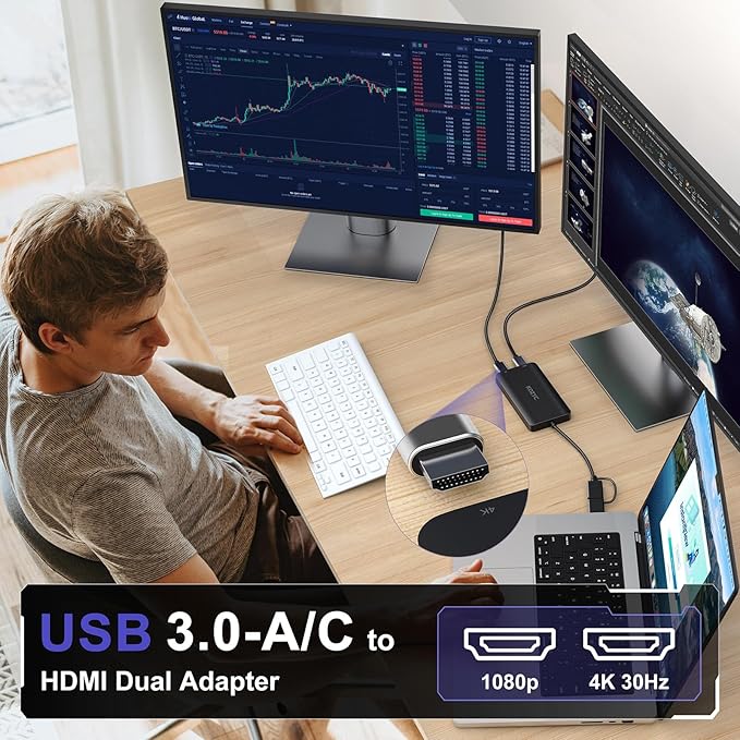 USB 3.0 to HDMI Splitter Extended Display Dual Monitors, USB 3.0-A/C to Dual - Image 2