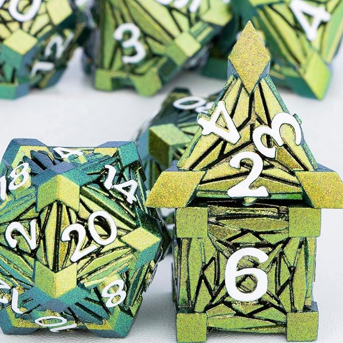 7PCS Metal DND Dice Set with Box, Debris RPG Green Yellow D and D Dice - Image 5