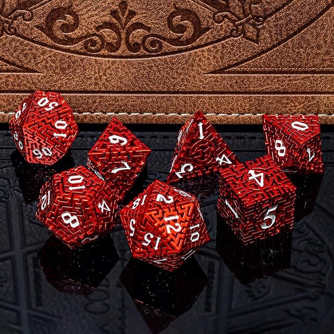 Red Metal Hollow DND Dice Set Metallic Luster Maze Design - Image 6