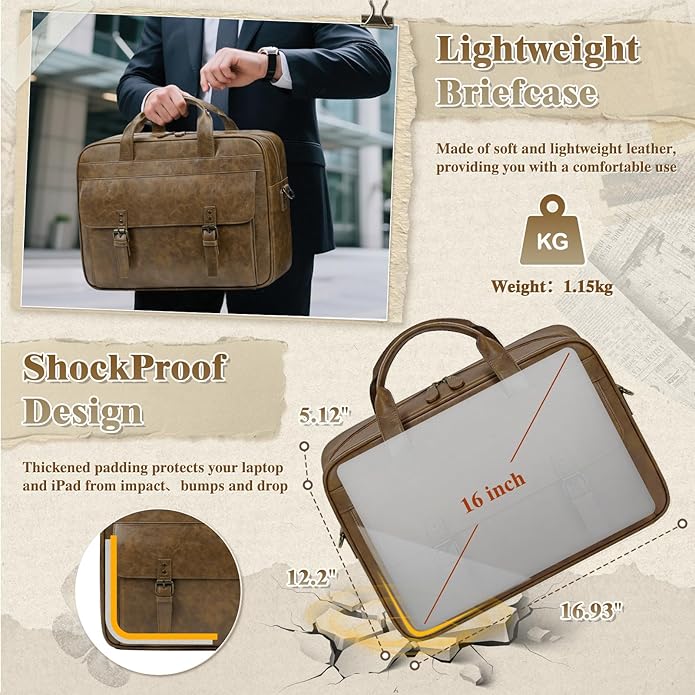 RAINSMORE Messenger Bag for Men 16 Inch Laptop Bag Vintage Leather Waterproof - Image 3