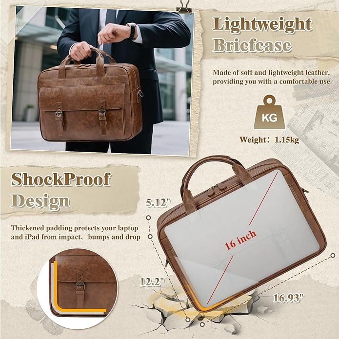 RAINSMORE Messenger Bag for Men 16 Inch Laptop Bag Vintage Leather Waterproof - Image 3