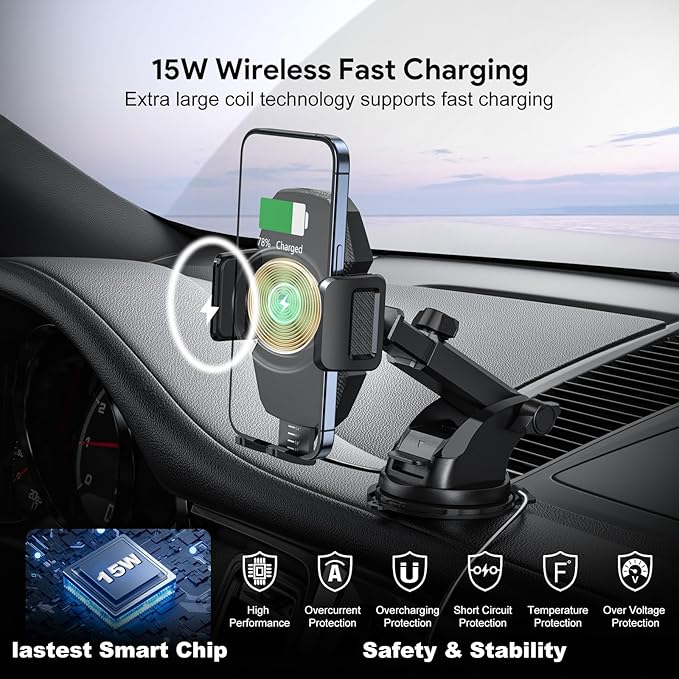 Car Phone Holder &15W Wireless Fast Charger, Auto-Clamp Qi Charging Mount - Image 9