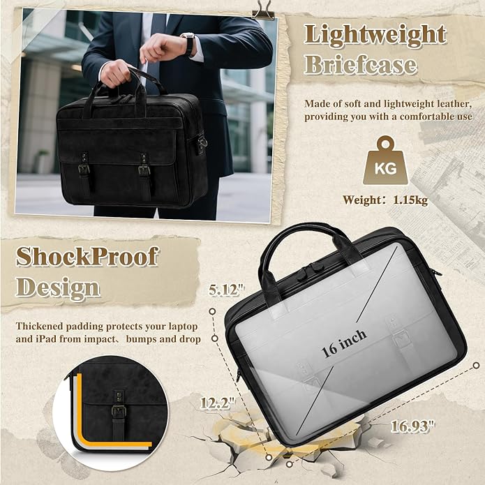RAINSMORE Messenger Bag for Men 16 Inch Laptop Bag Vintage Leather Waterproof - Image 3