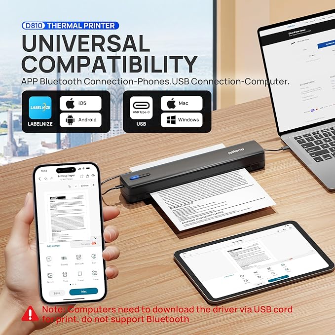 POLONO Portable Printer, D810 Inkless Bluetooth Thermal Printer Wireless - Image 2