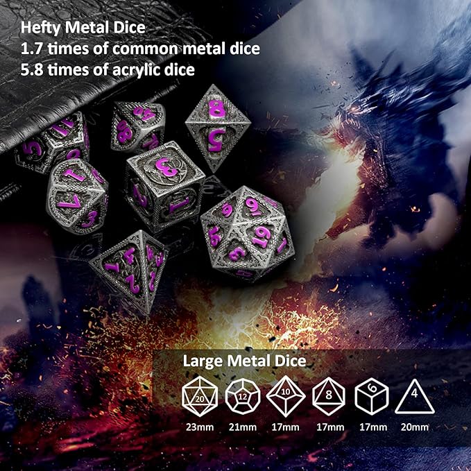 Haxtec Metal DND Dice Set Black Purple Dragon Pattern D&D Dice Set - Image 6