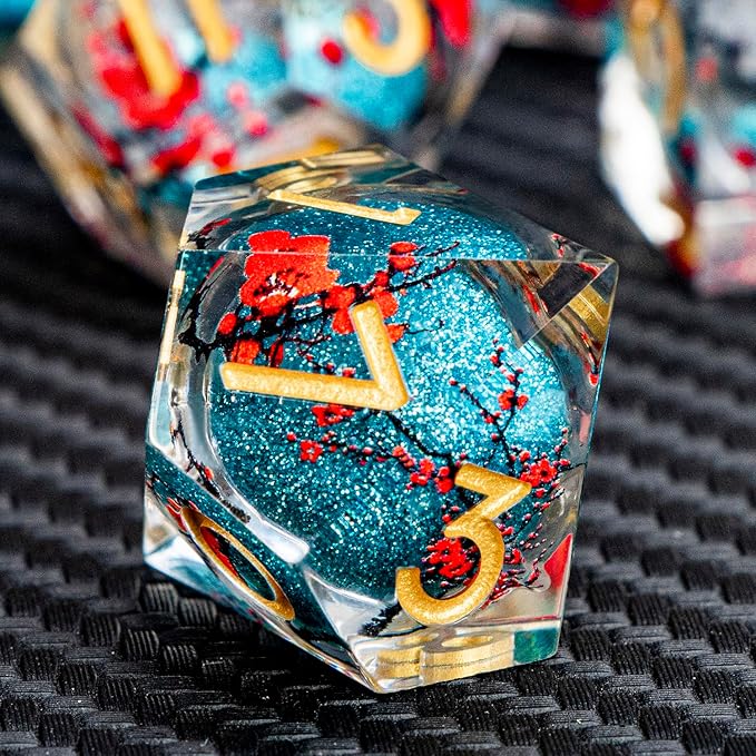 ARUOHHA DND Resin Dice Plum Blossom Liquid Core Dice Golden Blue Sharp Edged - Image 5