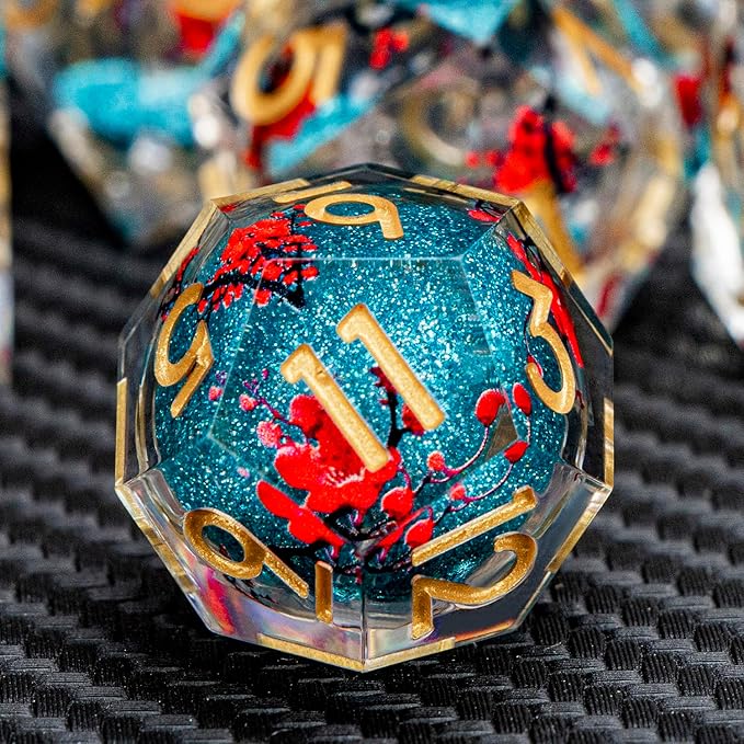 ARUOHHA DND Resin Dice Plum Blossom Liquid Core Dice Golden Blue Sharp Edged - Image 4