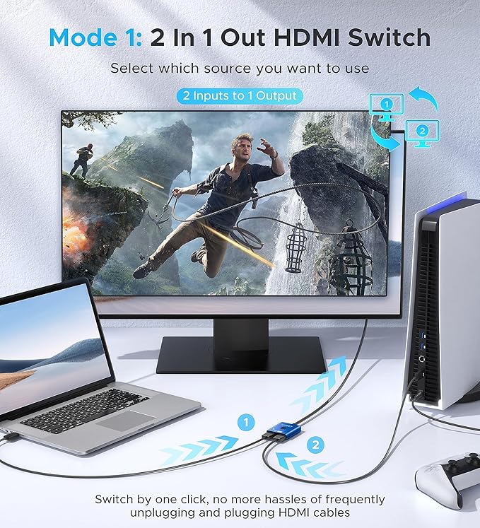 4K@60Hz HDMI Splitter Switch 2 in 1 Out, WARRKY Bidirectional 2x1 Switcher UHD - Image 2