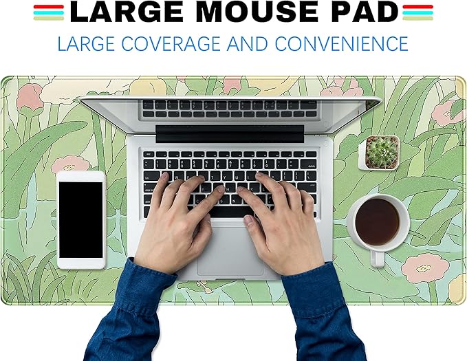 Kawaii Green Desk Mat Cute Mouse Pad Japanese, Flowers and Plants Keyboard Mat - Image 3
