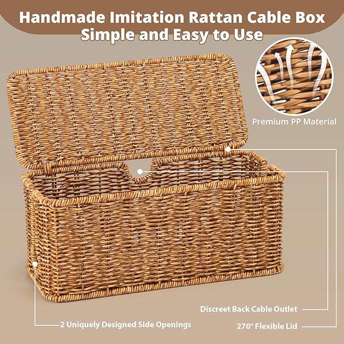 Handmade Cable Management Box, Imitation Rattan Cord Organizer Cord Hider Box - Image 5
