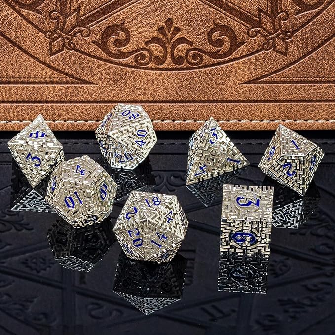 Silver Metal Hollow DND Dice Set Metallic Luster Maze Design - Image 6
