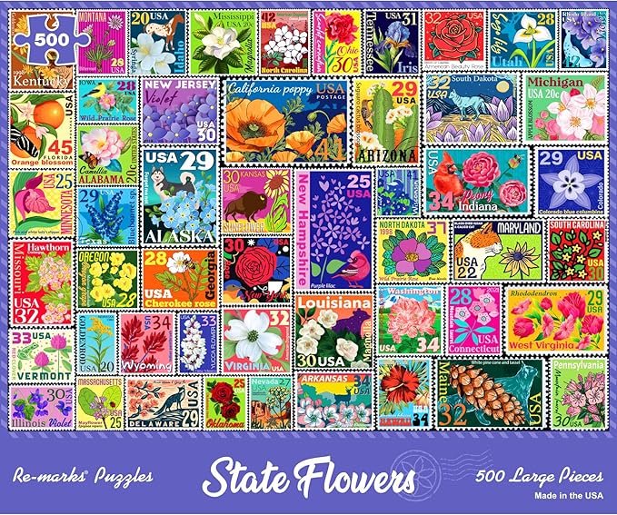 Re-marks State Flowers Stamp Collage Jigsaw Puzzle, 500 Large Piece Jigsaw by Re-marks
