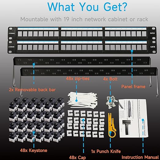 Cat6 Patch Panel 48 Port with Keystone, RJ45 Network Panel 19 Inch, Punch Down - Image 7