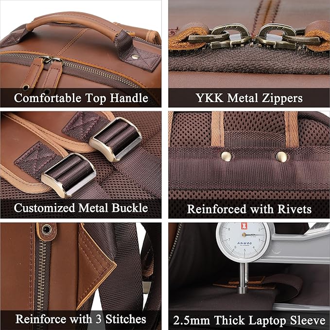TIDING Brown Leather Travel Backpack - Image 7