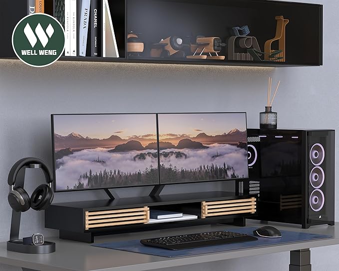 Dual Monitor Stand Riser with Sliding Door, Double Computer Laptop Stand Desk - Image 6