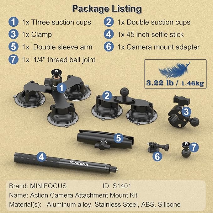 MINIFOCUS Suction Car Mount for Insta360 X5, 5 in 1 Suction Cup Camera Mount Kit - Image 7