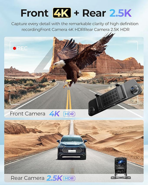 12" Mirror Dash Cam, 4K UHD Front and 2.5K Rear View Dash Camera - Image 2
