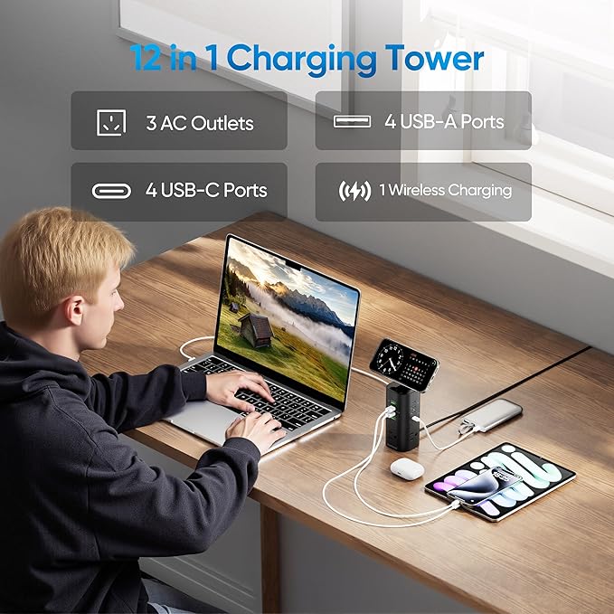 Surge Protector Power Strip Tower, TenTrend 160W Fast Charging Station - Image 2