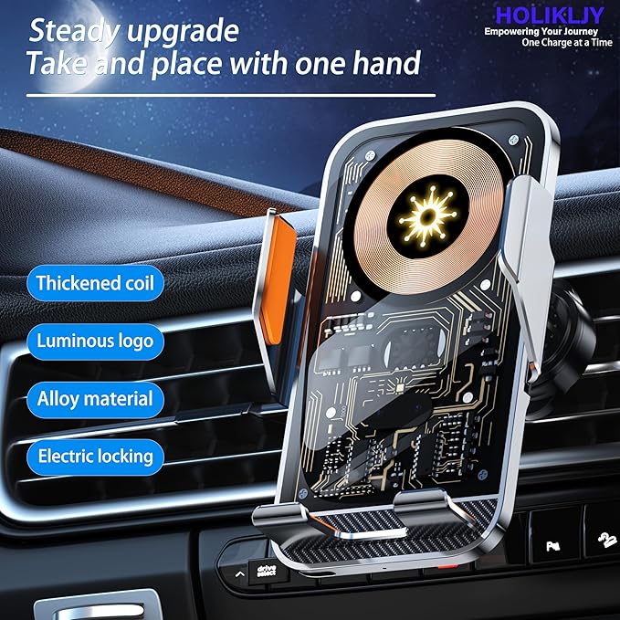 Wireless Charger Holder, Auto Clamp Vent Phone Mount - 15W Fast Charging Dual - Image 3