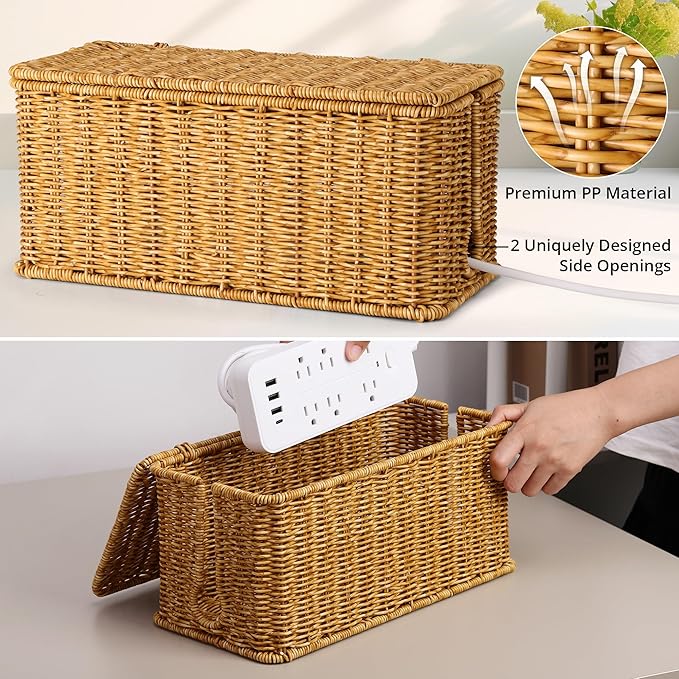 Large Cable Management Box, Handwoven Imitation Rattan Cord Organizer Cord - Image 4